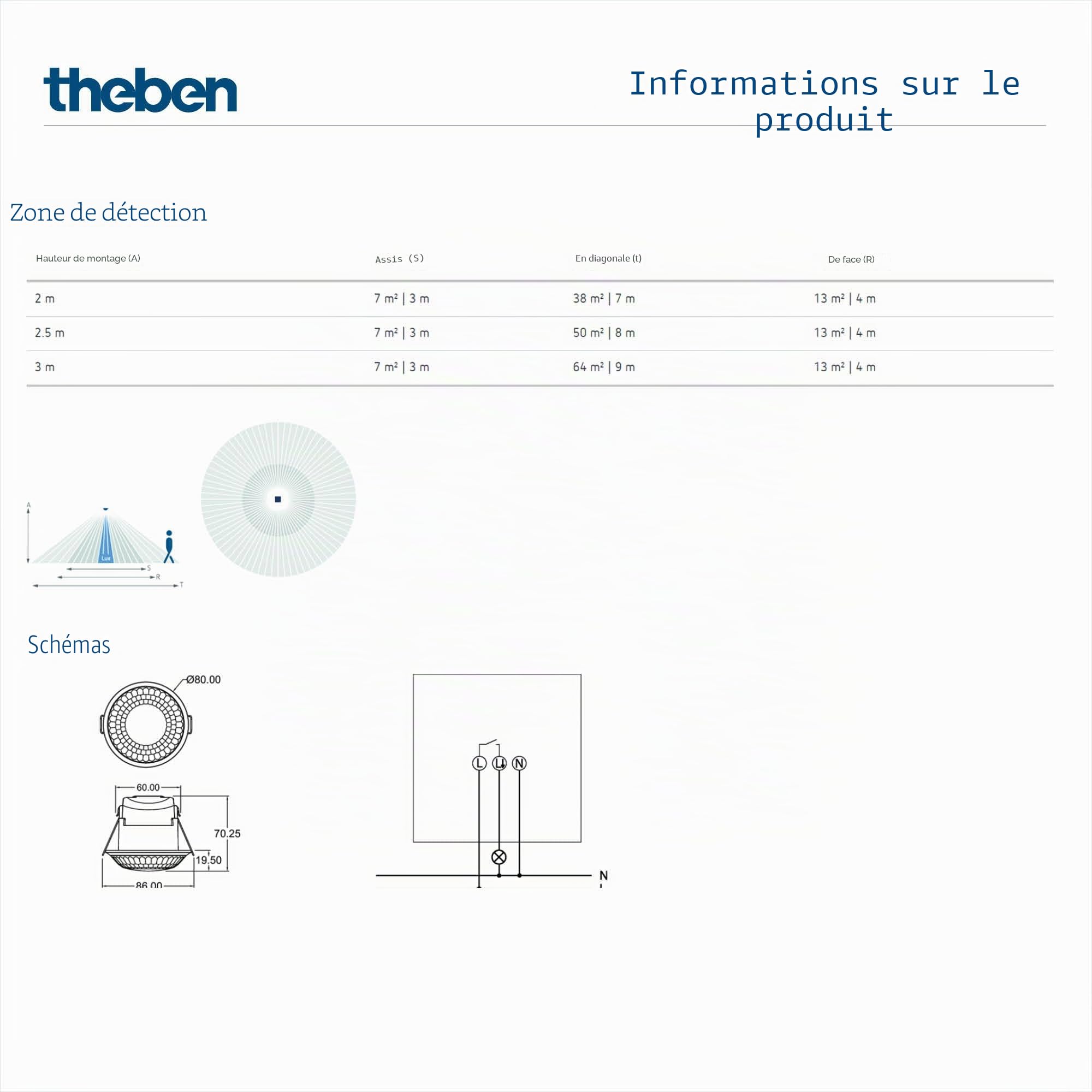 Theben 1030200 PIRA T8 DE détecteur de présence PIR 360° 8 m Plafond