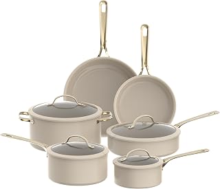 Chef Power Ceramic Cookware Sets, 15Pcs Pots and Pans Set Non Stick, Cookware Set with Stainless Steel Handle, Dishware & Oven Safe, Taupe and Light Gold Handle