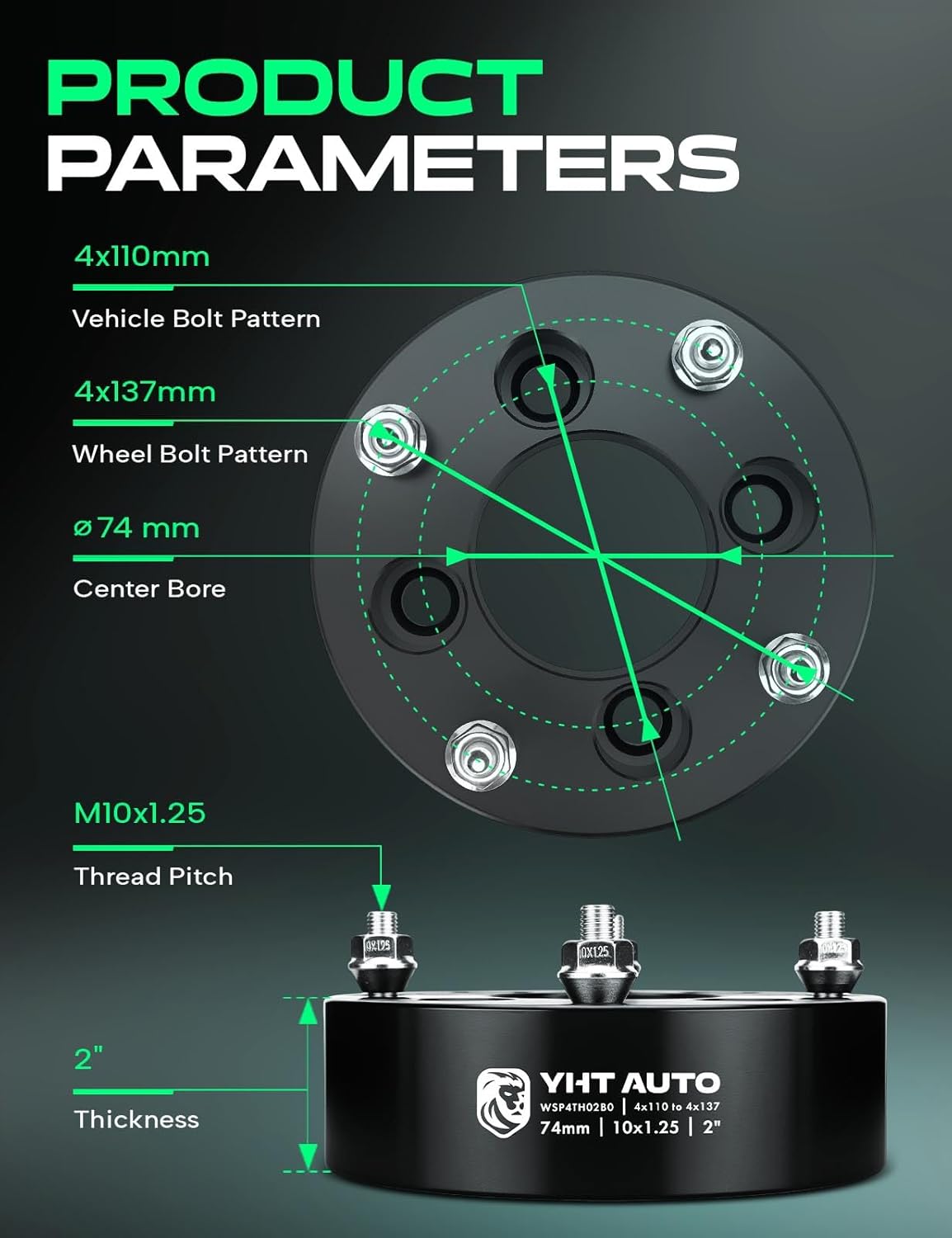 YHTAUTO 4x110 to 4x137 mm Wheel Adapters 2 inch Fits Bombardier, Can-Am, Arctic Cat, Honda, ATV Models, Tire Adapters w/ M10x1.25 & 12.9 Grade Studs, 74 mm Center Bore 4 Lug 2PCS Blacks