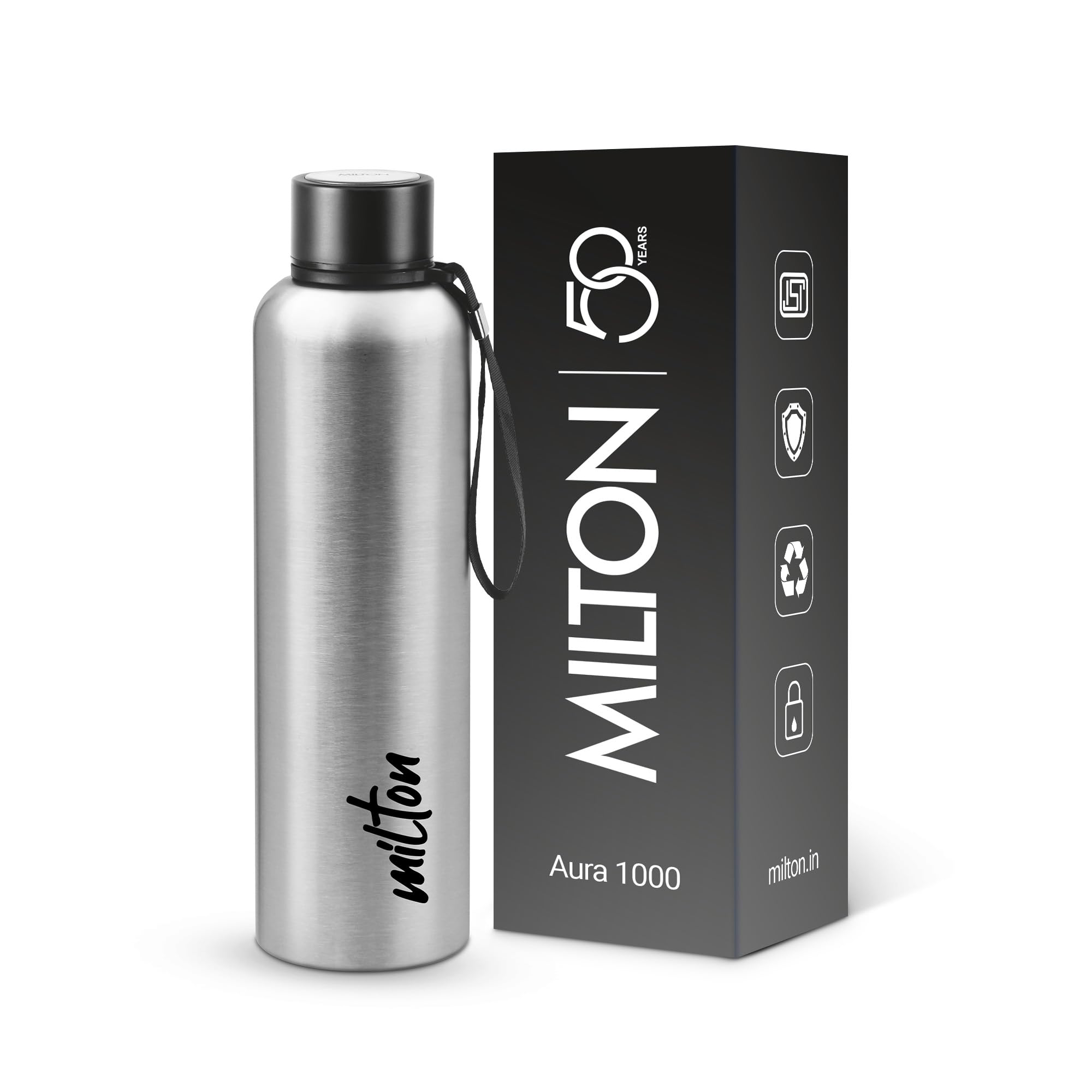 Milton Aura 1000 Thermosteel Water Bottle, 24 Hr Hot and Cold I Leak Proof Lid, ISI Certified I Vacuum Insulated I for Office, Gym, School I Silver