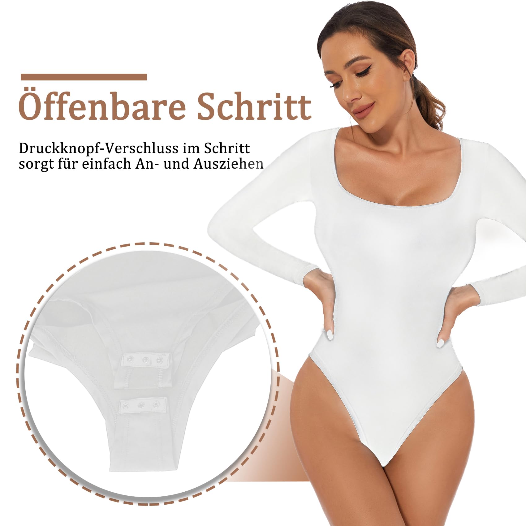 ONEW Damen Langarm & Kurzarm Body Eckiger Ausschnitt Bodysuit Oberteil Basic Square Neck Unterziehbody Shirt für Frauen