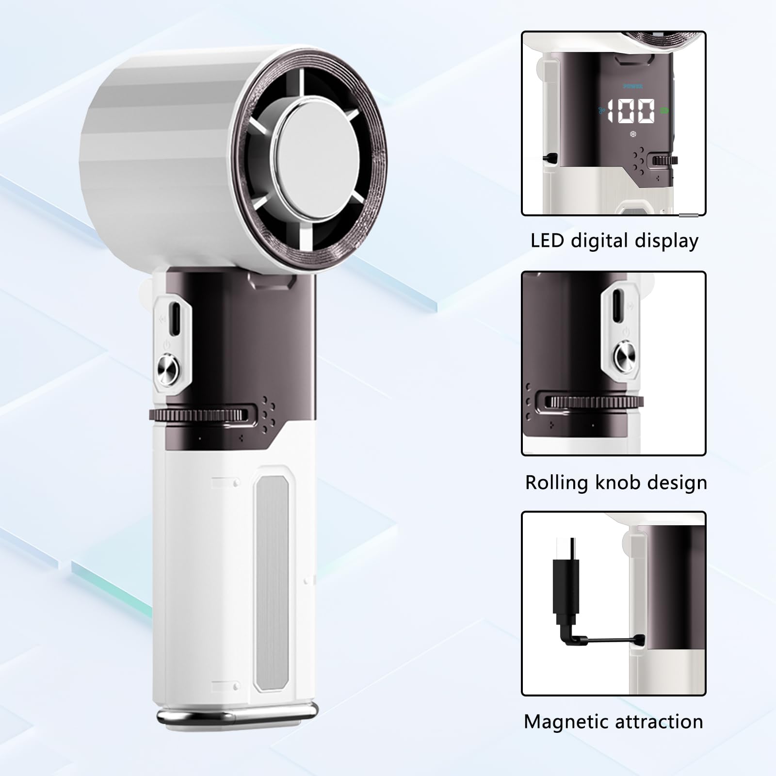 XJBTBA Ventilatore Portatile, ventole Ricaricabili Tramite USB con 5 velocità Mini ventilatori da Tavolo Pieghevoli elettrici alimentati a Batteria con Display LED Ventilatore Tascabile per