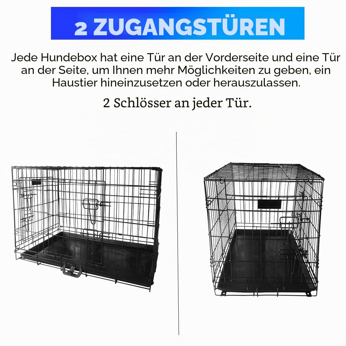 Hundekäfig 107 x 68 x 74 cm faltbar mit 2 Türen Transportkäfig Auto Hundebox mit Bodenschale Transportbox Drahtkäfig Hundetransportkäfig Größe (XL-42 Zoll)