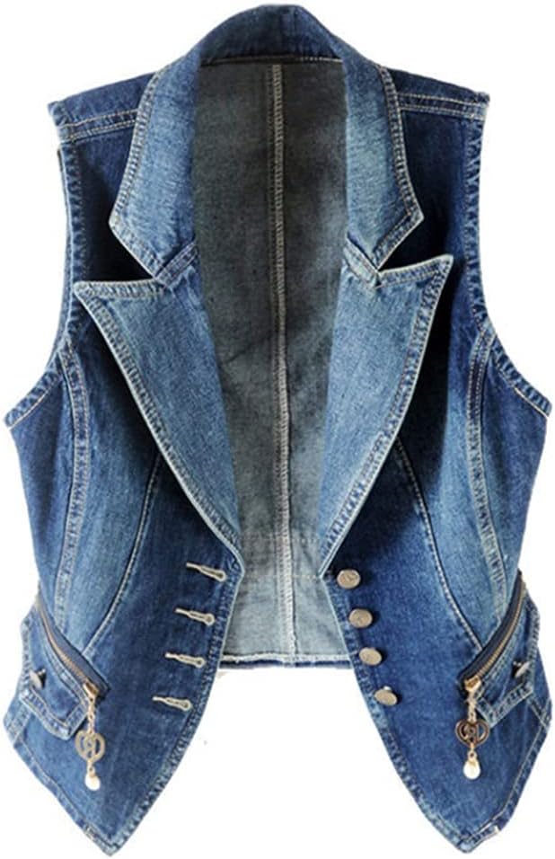 Women's Lapel Denim Vest Button Vest Jacket Blue Vest - Image 4