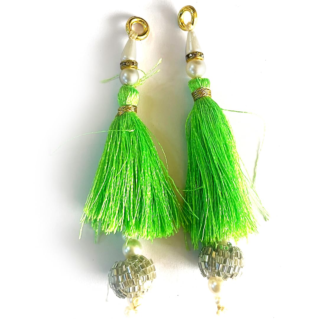Craft Shop India Silk & Cutdana Beads Hanging Tassels for Saree Pallu, Suitable for Ethenic Wear, DIY Art & Craft & Decoration Set of 10 | 10CM (Parrot Green) 1