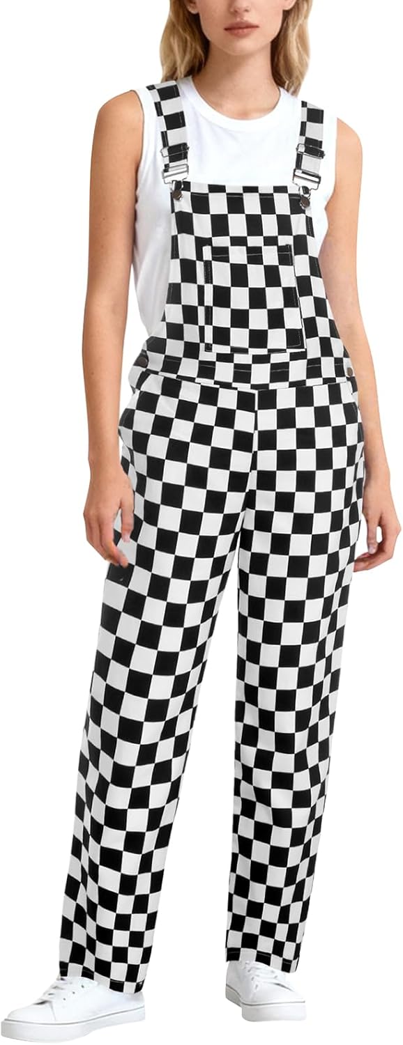 Checkered Overalls for Women,Cute Black and White Ladies Overall,Mardi Gras Overalls for Women
