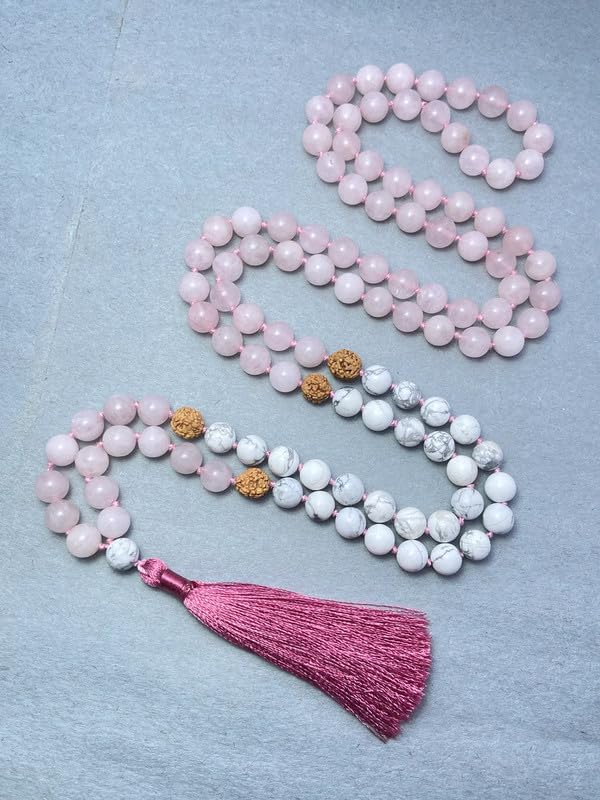Mala tibétain en quartz rose AAA et rudraksha, un collier de perles noué main - 2