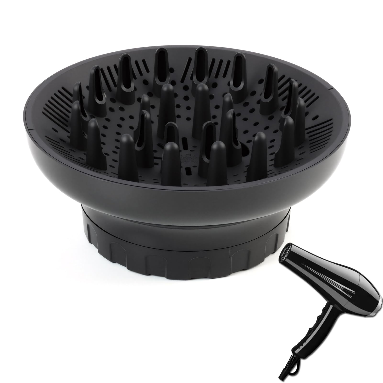 Universal Diffusor Aufsatz Föhn – Diffuser für Haar, Anpassungsfähig für Föhn mit Düse D=3.5-6.6cm, für Lockiges/Welliges Haar (Maximales Volumen ohne Frizz), Schwarz