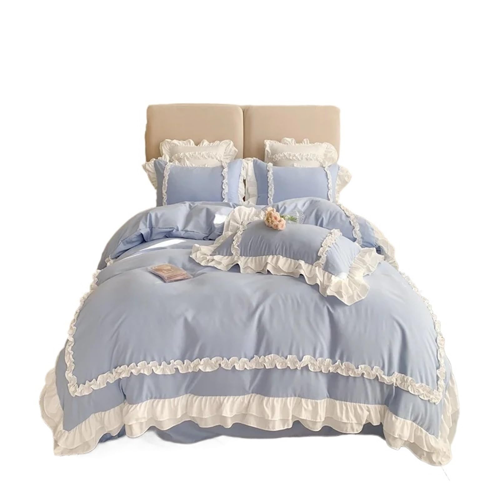 GCYEIDMA Ruffle Duvet Cover Lace Bedding Sets Bed Linen Washed Cotton Ruffle Duvet Cover Sheet and Pillowcases(Blue,200x230cm 4pcs)