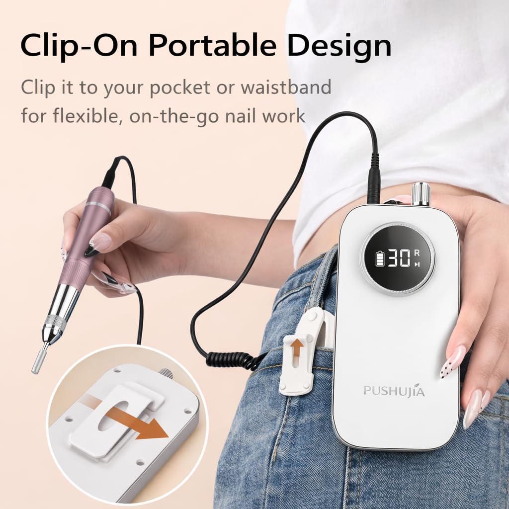 45000 RPM Nail Drill - Brushless Cordless Efile LCD Display & Heat Reduction Tech for Acrylic Gel Nails (White)