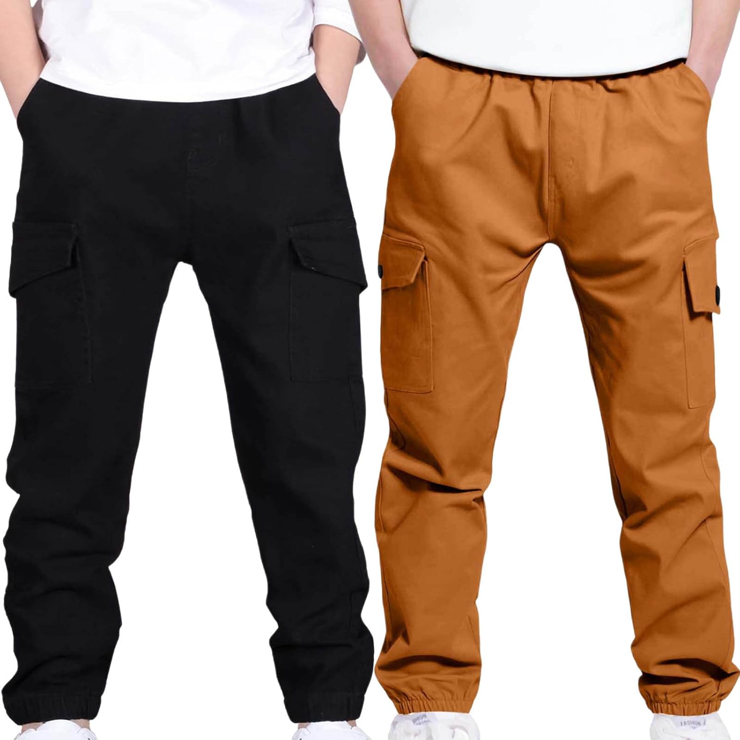 2 Pack Boys Cargo Joggers, Elastic Waist Baggy Sweatpants with Cinch Bottom for Outdoor Hiking and School