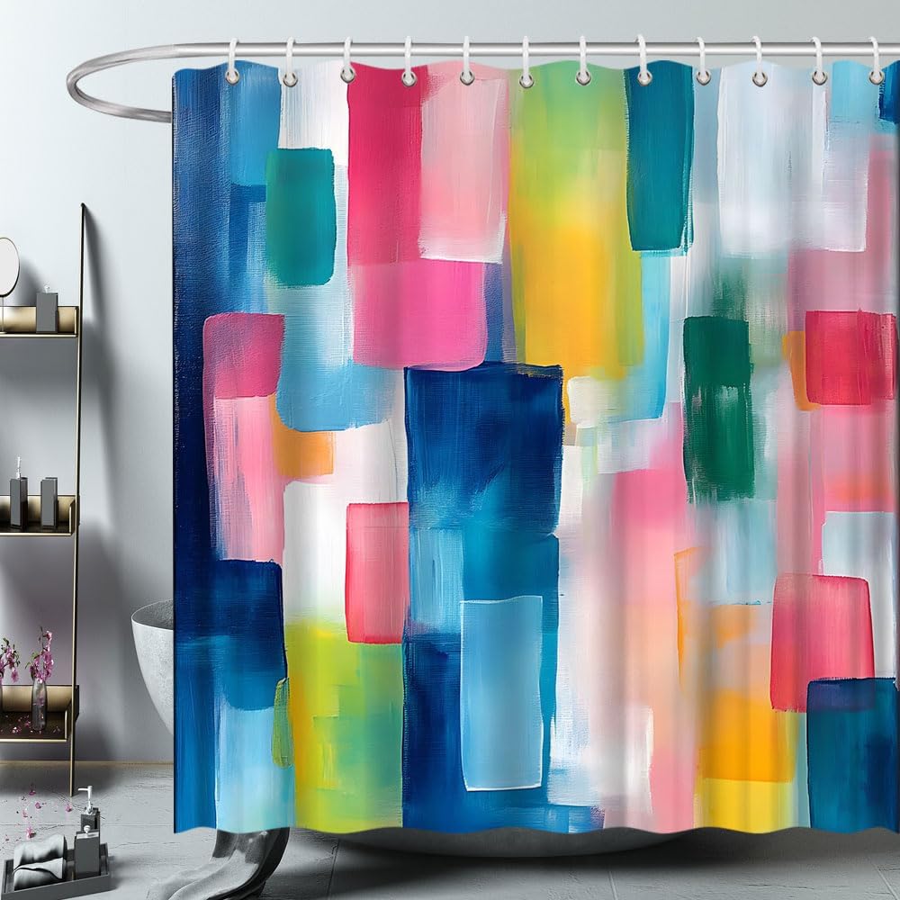 Abstract Watercolor Shower Curtain Blue and Pink Teal Blocks Geometric Modern Contemporary Colorful Aesthetic Minimalist Bathroom Polyester Curtains Set with Hooks 70x84 Inch