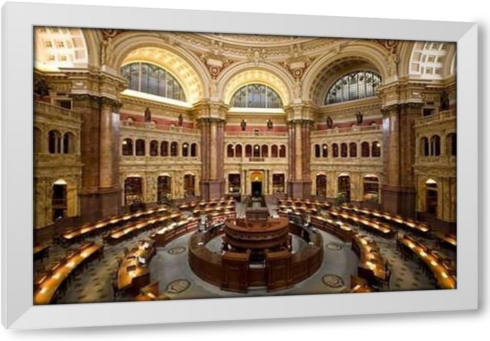 ArtDirect Main Reading Room. View from above showing researcher desks. Library of Congress Thomas Jefferson Bu 24x17 Black Modern Wood Framed with Double Matting Museum Art Print by Highsmith, Carol