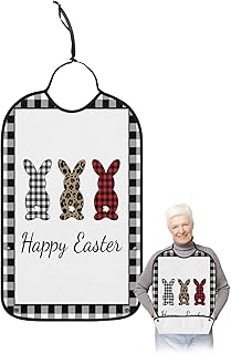 BOBOWUNY Spring Easter Adult Bibs for Elder Women Men Eating, White Black Plaid Board Bunny Leopard Checkered Waterproof & Washable Bibs for Eating Clothing Protector Dining Bibs for Crumb Catcher