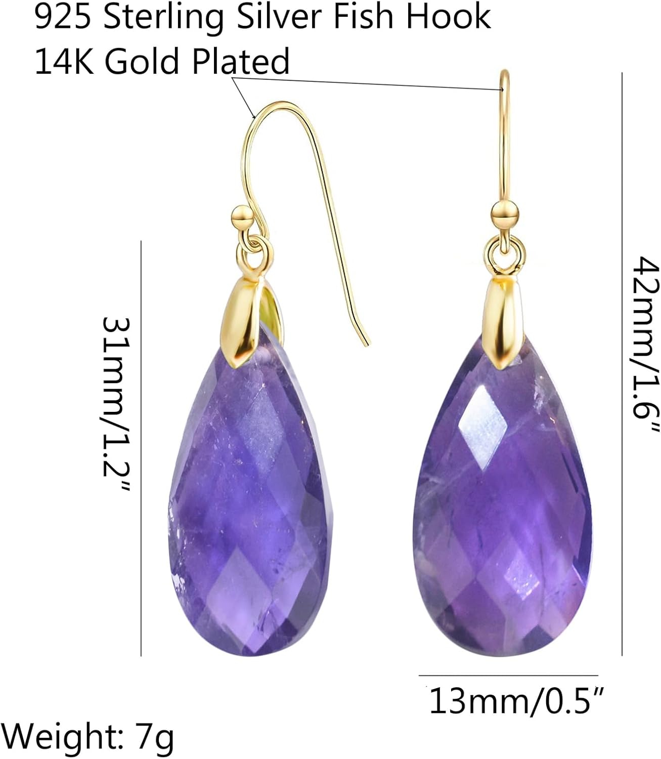 Crystal Earrings, Amethyst rose quartz labradorite Crystal Earrings 925 Sterling Silver Fish Hook, 14k Gold Plated Quartz Earrings for Women, Teardrop Gemstone Dangling Earrings for Lady. - Image 5