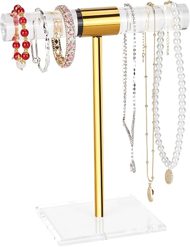 Necklace Holder Bracelet Holder, Gold Acrylic Jewelry Display Stand Crystal T Bar Jewelry Organizer Gift for Women(1-Tier 1pc)
