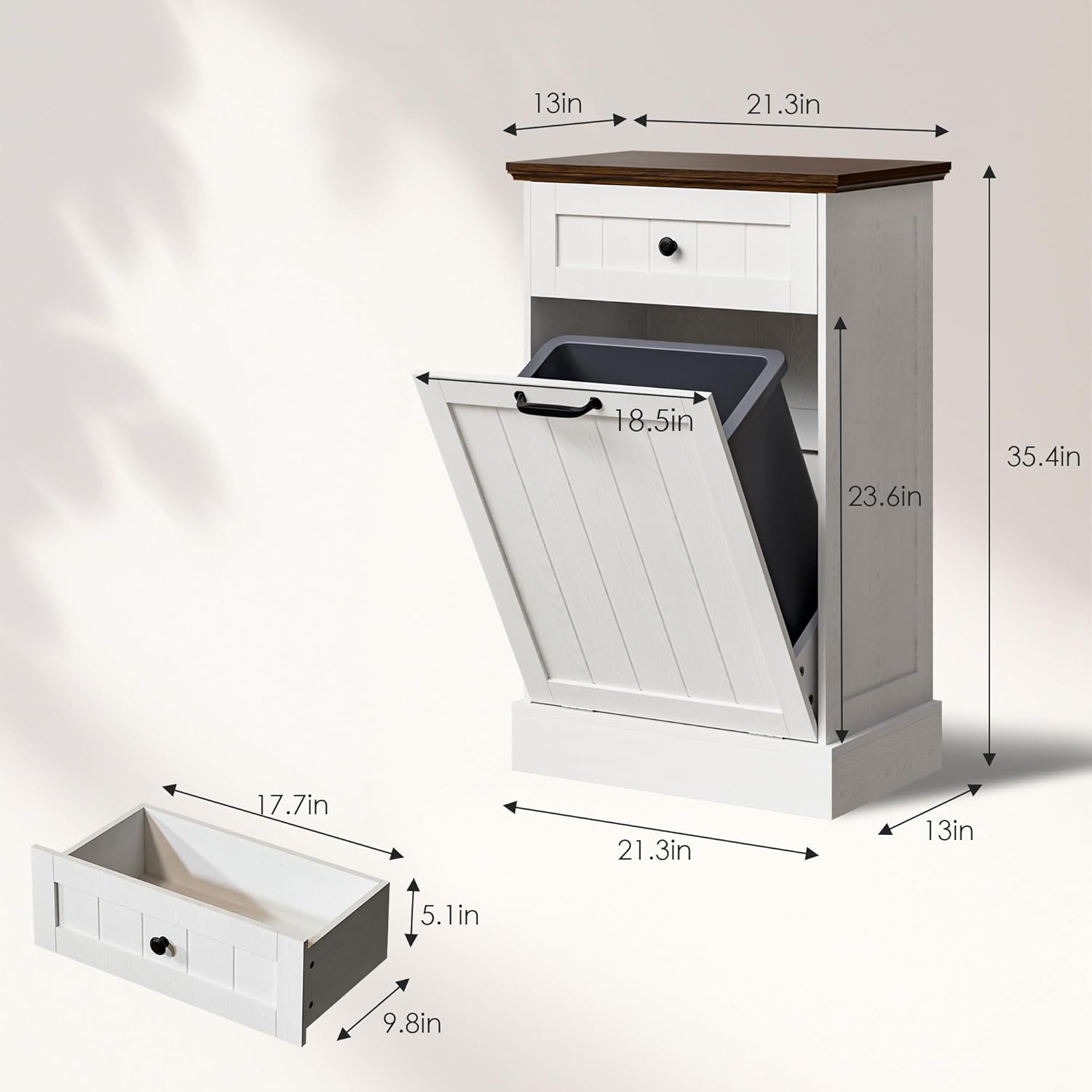 Zamildon's 10 Gallons Tilt Out Trash Cabinet, Freestanding Hidden Garbage Can Cabinet with Drawer, Laundry Hamper Basket for Kitchen, Dining Room (White, 1 x 10-Gallon)