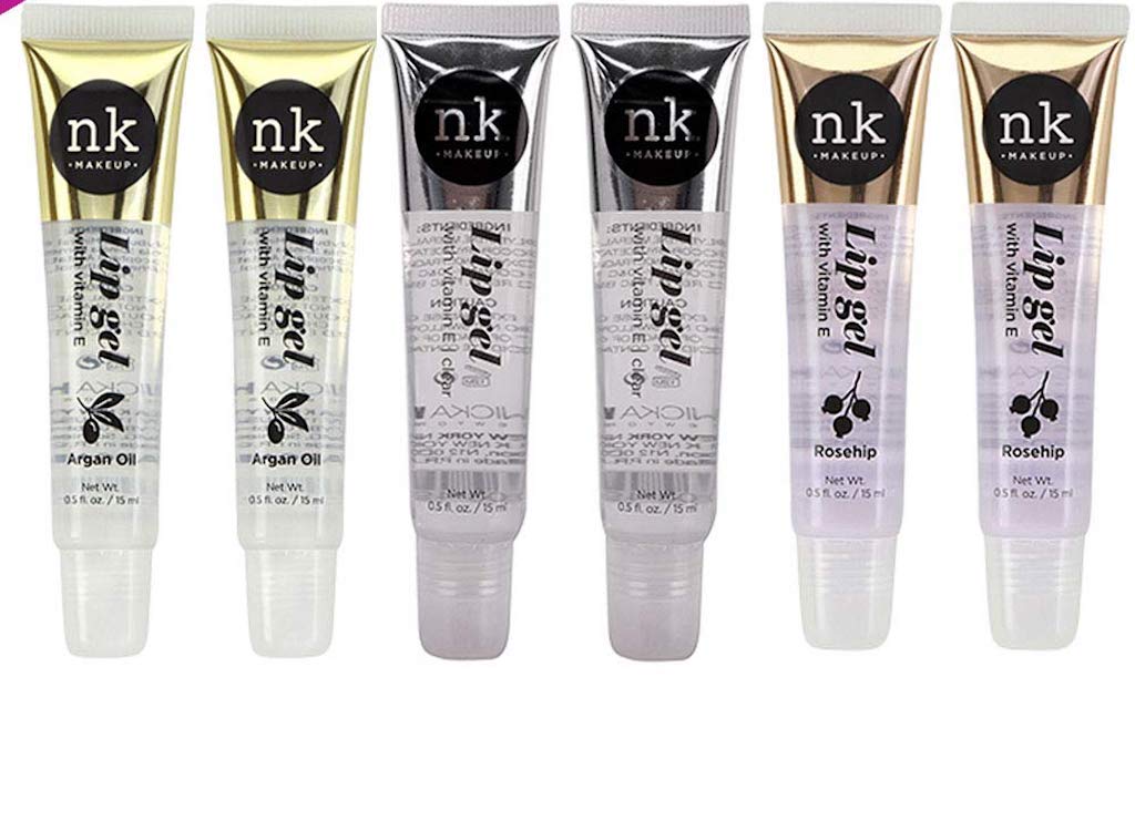 6 PACK!! NICKA K NEW YORK Clear Lip Gel with Vitamin E (Argan Oil 2pcs & Rosehip 2pcs & Clear 2pcs)