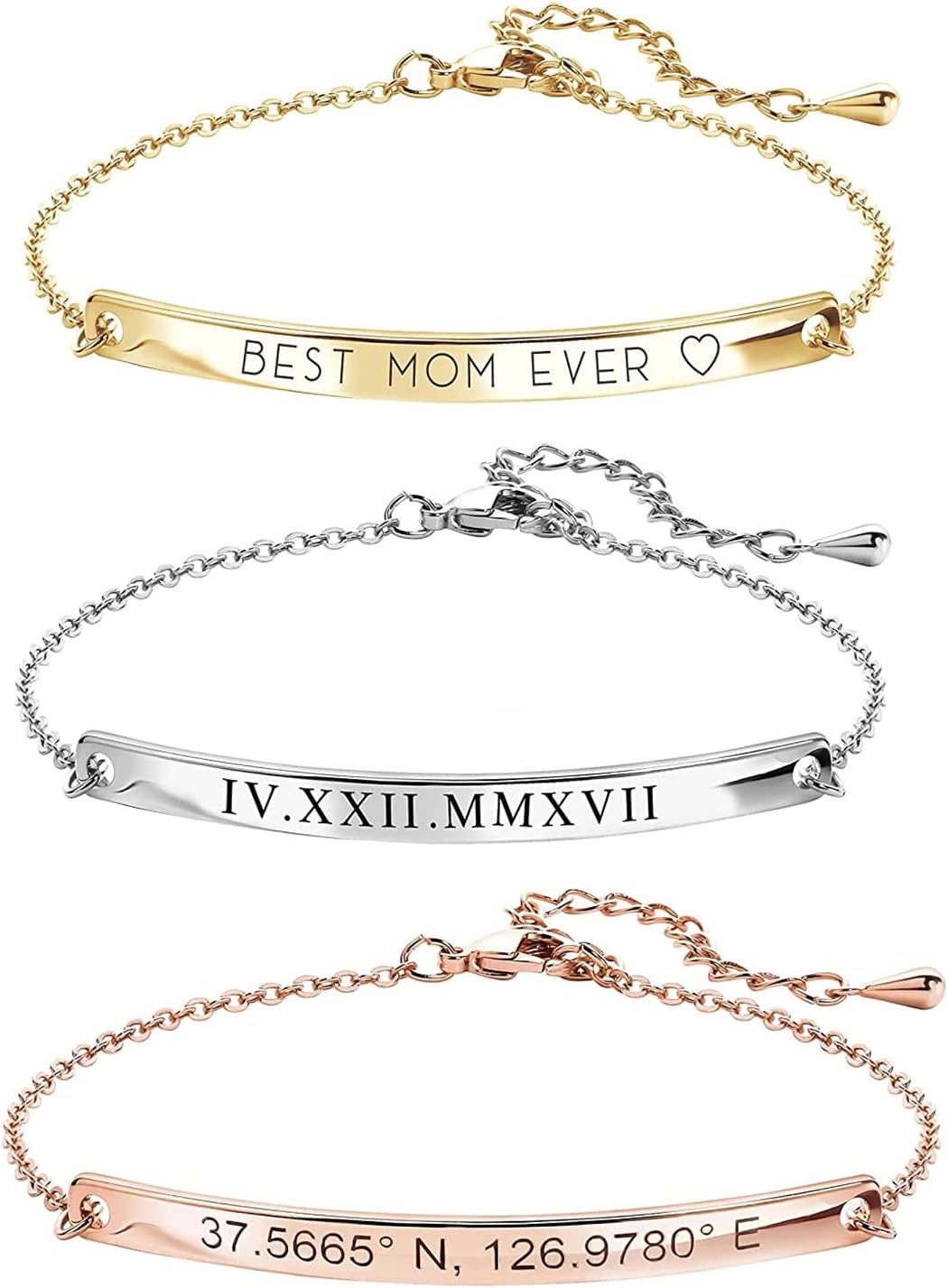 MignonandMignon Custom Engraved Bar Bracelet - Personalized Name, Coordinates, Date Gold Plated Jewelry for Women, Mom, Graduation Gift