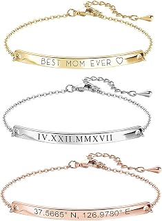 MignonandMignon Custom Engraved Bar Bracelet - Personalized Name, Coordinates, Date Gold Plated Jewelry for Women, Mom, Graduation Gift