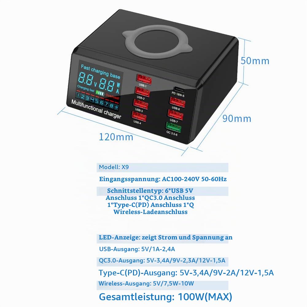 Irfora USB-Ladegerät,X9 8 Port Wireless USB Ladegerät Schnellladung PD + QC3.0 + USB Port Ladestation mit LED-Anzeige für Telefon/Laptop/Tablet EU-Stecker