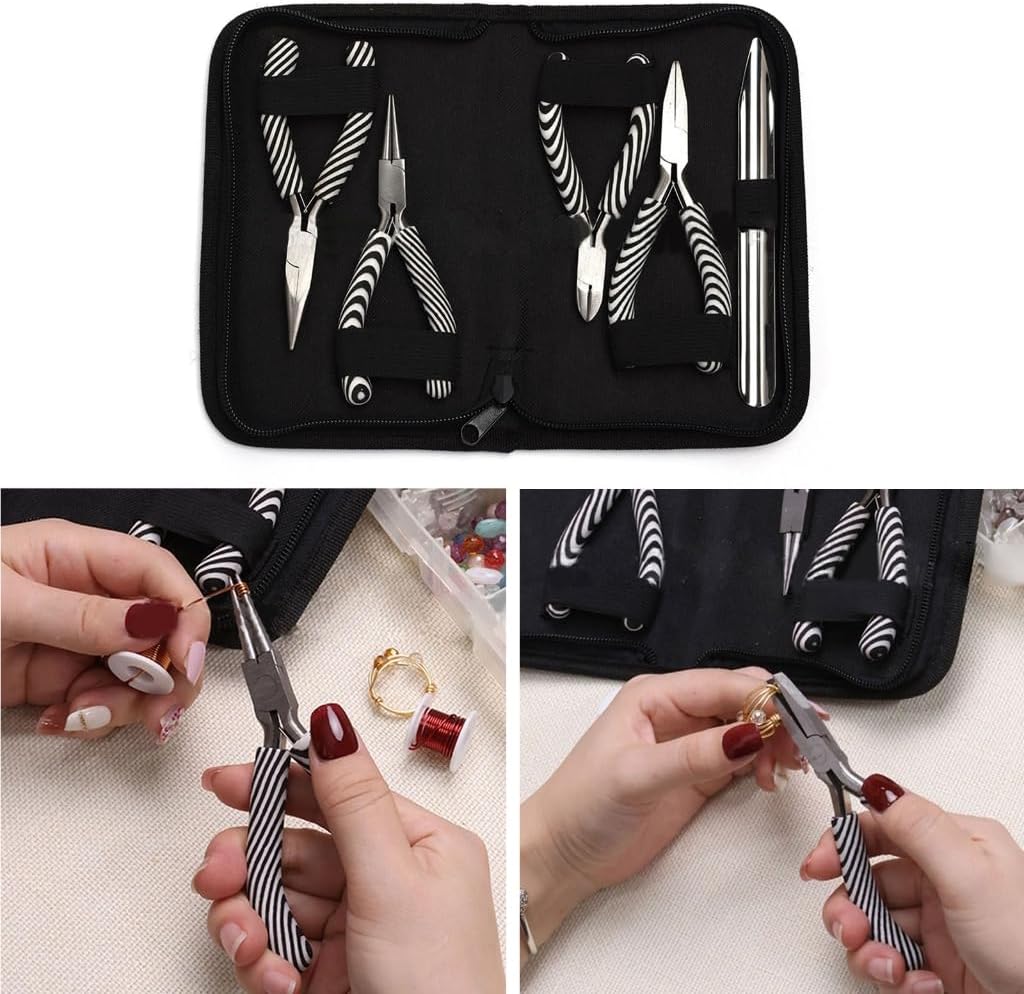 5-Pieces Jewelry Making Pliers Set Zebras Stripe Handle Pointed Round Oblique Flat Nose Pliers with Bead Shovel DIY