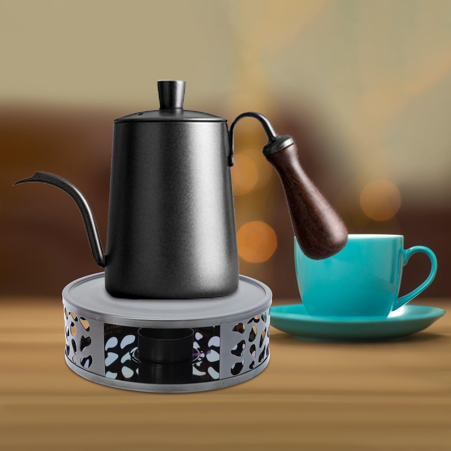 Stainless Steel Teapot Warmer and Milk Heater Black Metal Tea Stove with Candle Base for Hot Drinks at Home and OfficeNO.5199