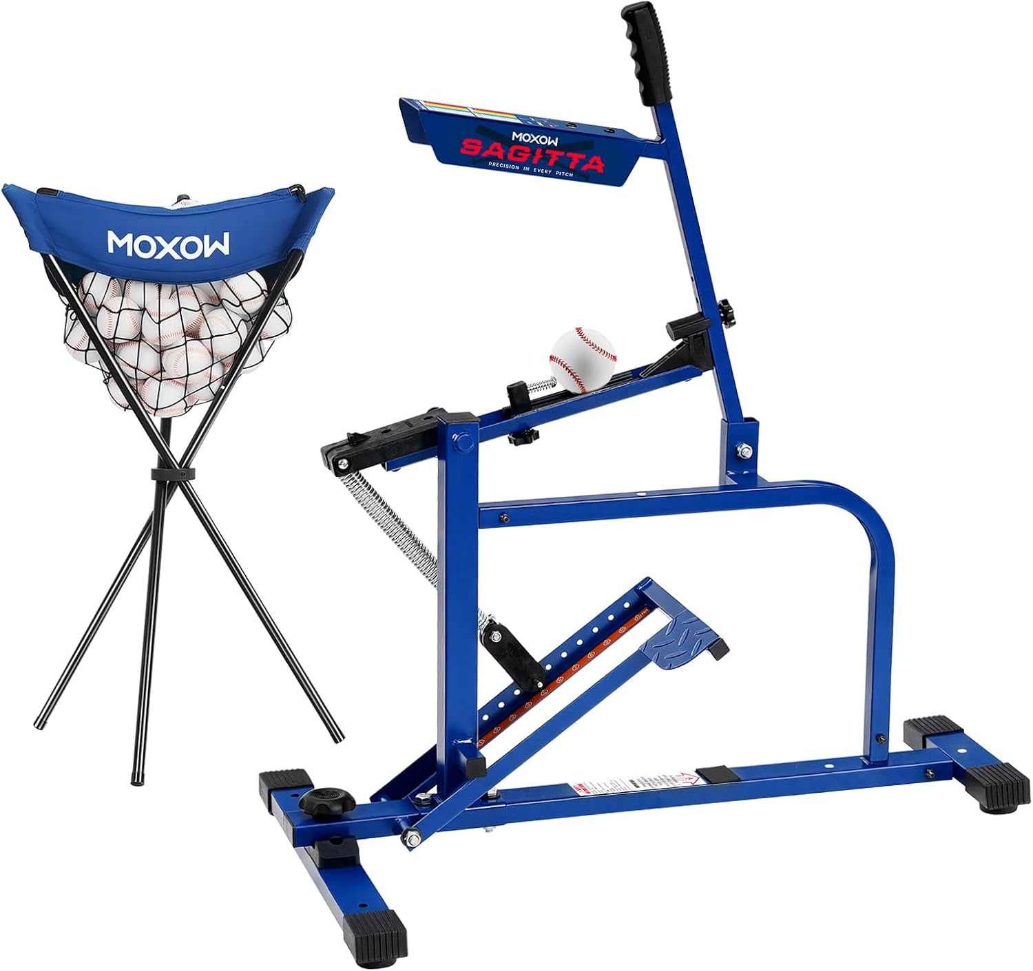 MOXOW Sagitta Baseball & Softball Pitching Machine with Ball Caddy - Portable Ball Launcher for Batting and Fielding Practice, Ideal for All Skill Levels