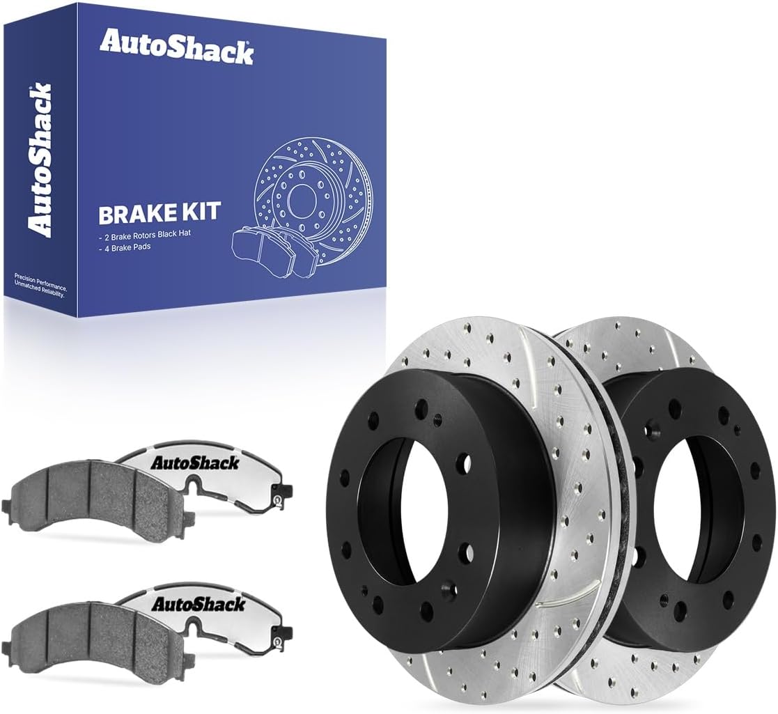 AutoShack Front Vented Drilled & Slotted E-Coated Brake Rotors + Ceramic Pads 6-PC Brake Kit Replacement for 2020-2022 Chevrolet Silverado 2500 HD 2025 GMC Sierra 2500 HD ShadowGuard 13.98" (355 mm)
