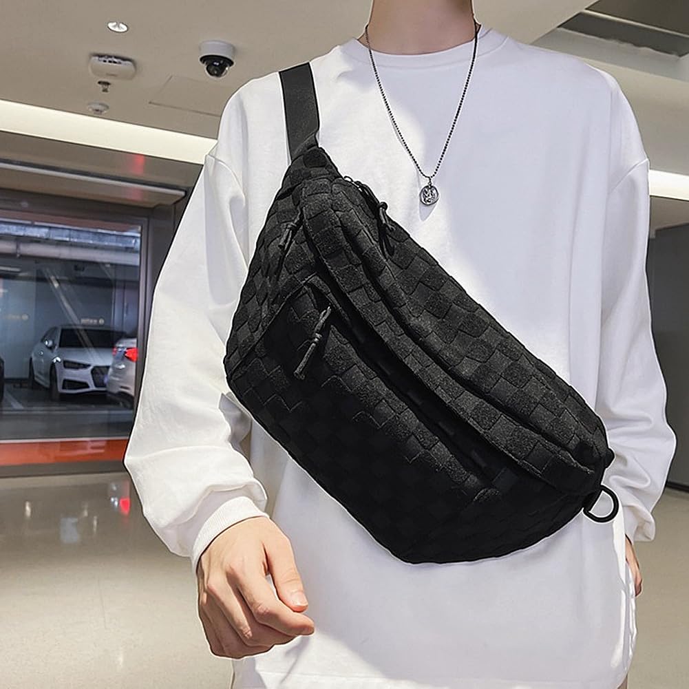 KlaOYer Checkered Fanny Pack for Women Travel Waist Pack Plaid Sling Bag Trendy Fashion Crossbody Purse Belt Chest Handbag (Black) - Image 3