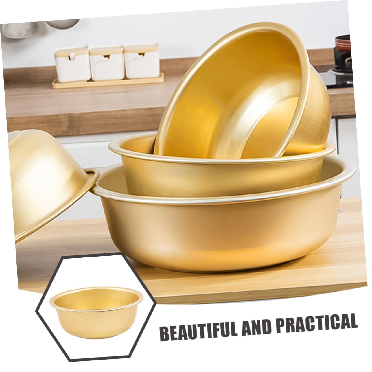 Cuenco de Aluminio Dorado de Gran Capacidad Diseño Redondo, Lavabo de Metal Seguro Fina Manufactura para Cocina y Lavado de Frutas