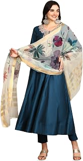 ishin Navy Blue Floral Embroidered Mirror Work Anarkali Kurta With Trousers & Dupatta | Kurta set for women | Kurta with t... Price In India