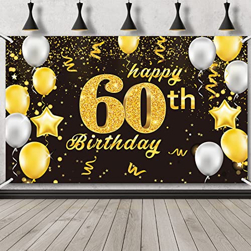 Deggodech Banner de feliz cumpleaños, cartel de cumpleaños, cartel de tela, pancarta de fiesta, telón de fondo para decoración de pared de mesa de fiesta (60, oro negro y plata) Cover