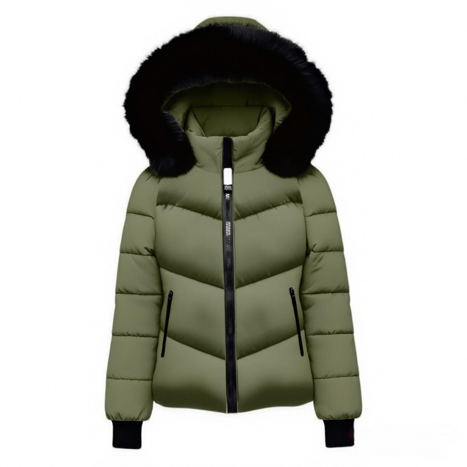 Doudoune courte d'hiver pour femme avec capuche en fausse fourrure et col montant avec fermeture éclair - Imperméable - Matelassée - Manteau d'hiver fin et chaud - Coupe-vent - Manteau ample