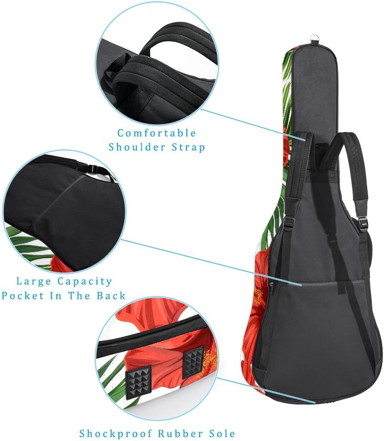 Acoustic Guitar Gig Bag 10mm Thick Padding, Soft Waterproof Guitar Case with Adjustable Backpack Straps for 40-42 Inch Guitar, Tropical Flowers Nature Blossom Flowers
