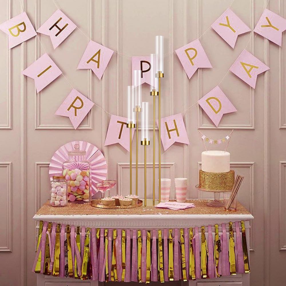 Chandelier doré de 100 cm, bougeoir à 5 Bras avec Abat-Jour en Acrylique pour Table de Mariage, fête d'anniversaire, décoration d'intérieur, Convient aux Bougies Coniques LED