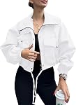 Femmes Cropped Bomber Jacket Léger Militaire Automne Utilitaire Safari Zip vers le haut Anorak manteau avec des poches