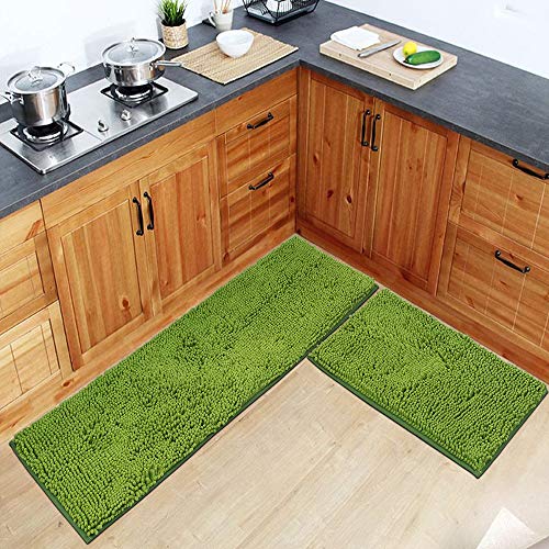Green Rug for Kitchen Shaggy Chenille Rugs 2 Pieces Set Non Slip Washable Absorbent Runner Rug Set/Kitchen Rugs and Mats/Floor Mat/Entryway Rug/Bath Rug 24x 16 in + 47x 16 in
