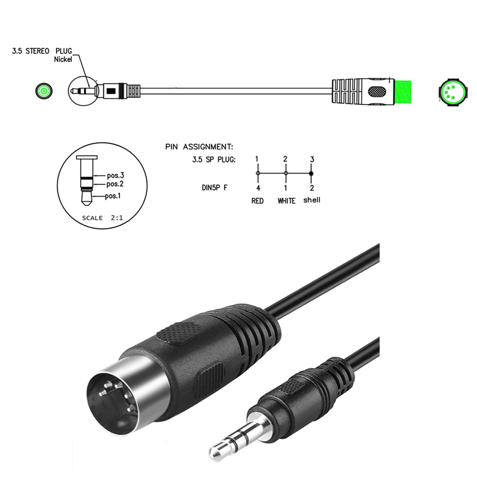 JONbinbkl 5-Pin DIN-Male Cable Replacement 5 Pin Din MIDI Plug to 3.5mm Stereo Male Cable Suitable for MIDI Interconnections 5 Pin Din Connector