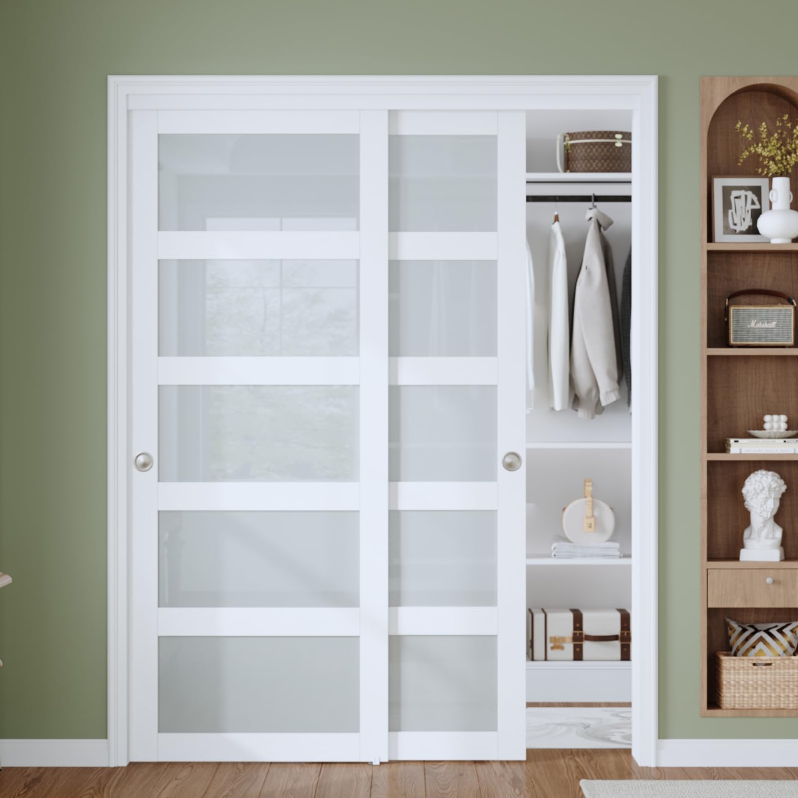 preassembled sliding closet door slab, 56 x 80 in (double 29 inch), 5-lite frosted glass, bypass barn door with hardware kit included, mdf wood panel, water-proof pvc surface, white