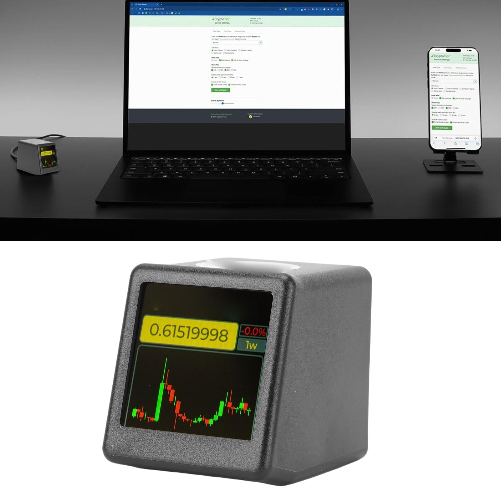 Afficheur de Prix Crypto et Bourse WiFi, Ticker Bitcoin Compact en Temps Réel avec Écran Tactile, Horloge, Météo et Animations GIF pour Bureau et Table de Chevet