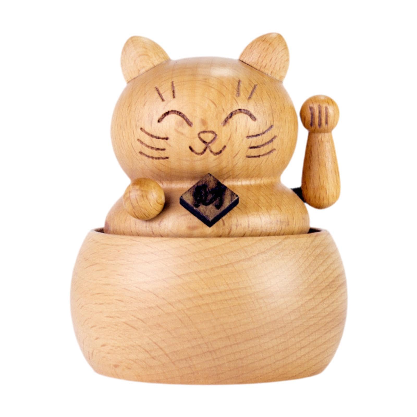 harayaa Carillon multifunzionale con riproduzione musicale, regalo di compleanno, statuetta di gatto decorativa girevole a 360°, ornamento in legno