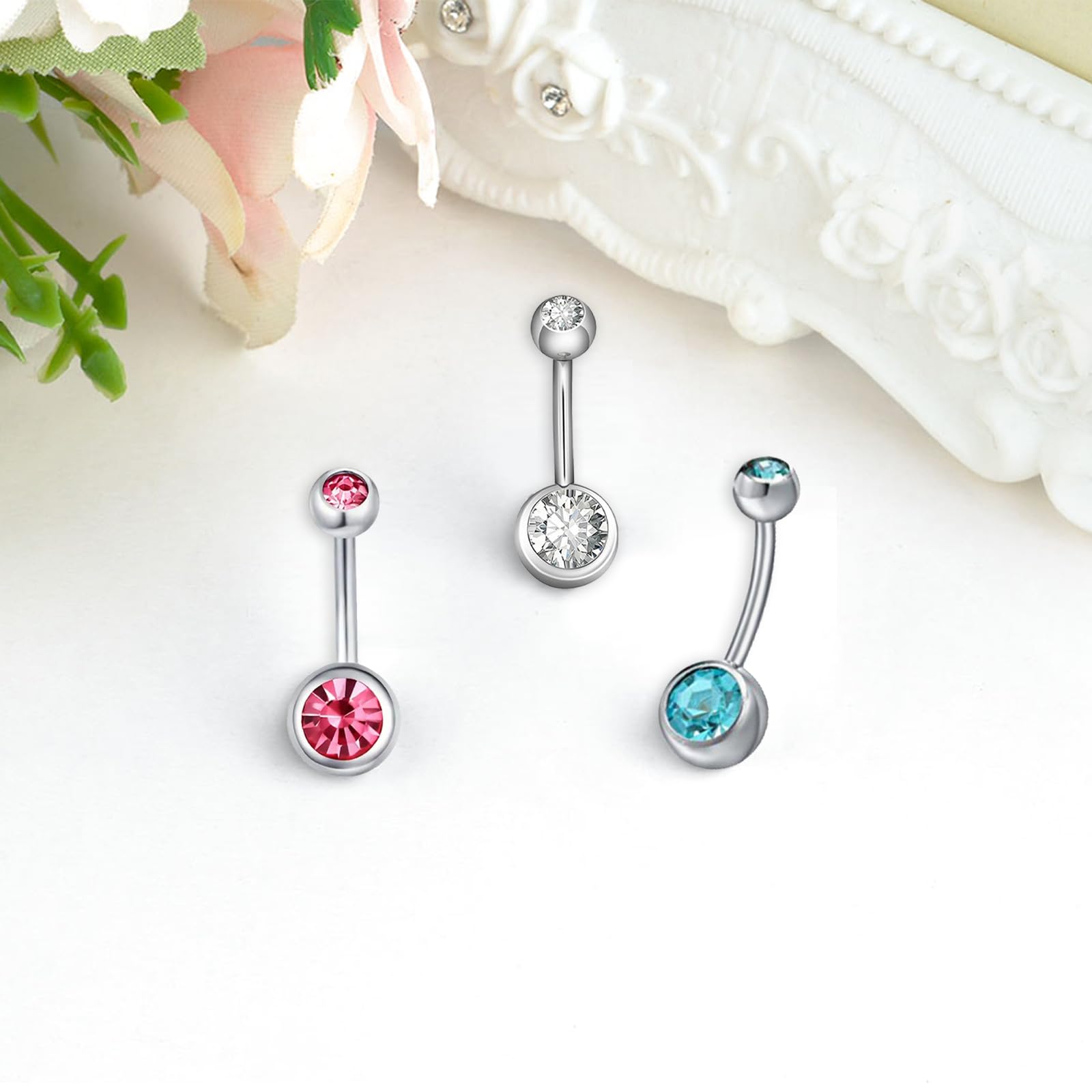 Aucuu 14G Acero Inoxidable Piercing Ombligo Barra Curvada Circonita CZ Cúbica Perla Joyería