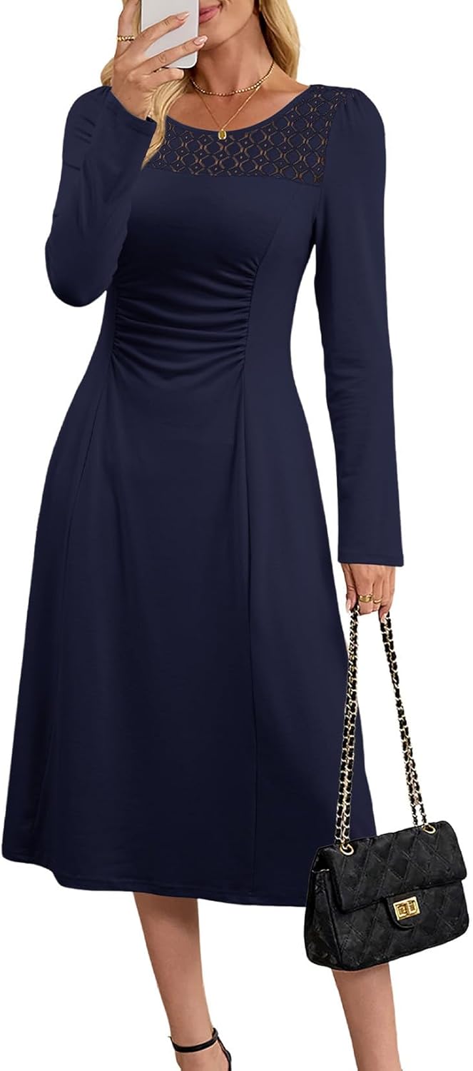 Dokotoo Women's Casual Long Sleeve Dresses Fashion Fall Lace Crewneck Elegant Solid Formal Midi Dress