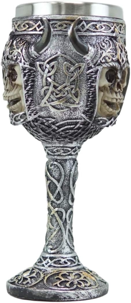 Ebros Viking Berserker Skull With Bison Horned Helmet Wine Goblet 7oz With Celtic Knotwork Patterns Vintage Chalice Cup With Food Safe Stainless Steel Liner As Halloween Ossuary Macabre Skulls Accent