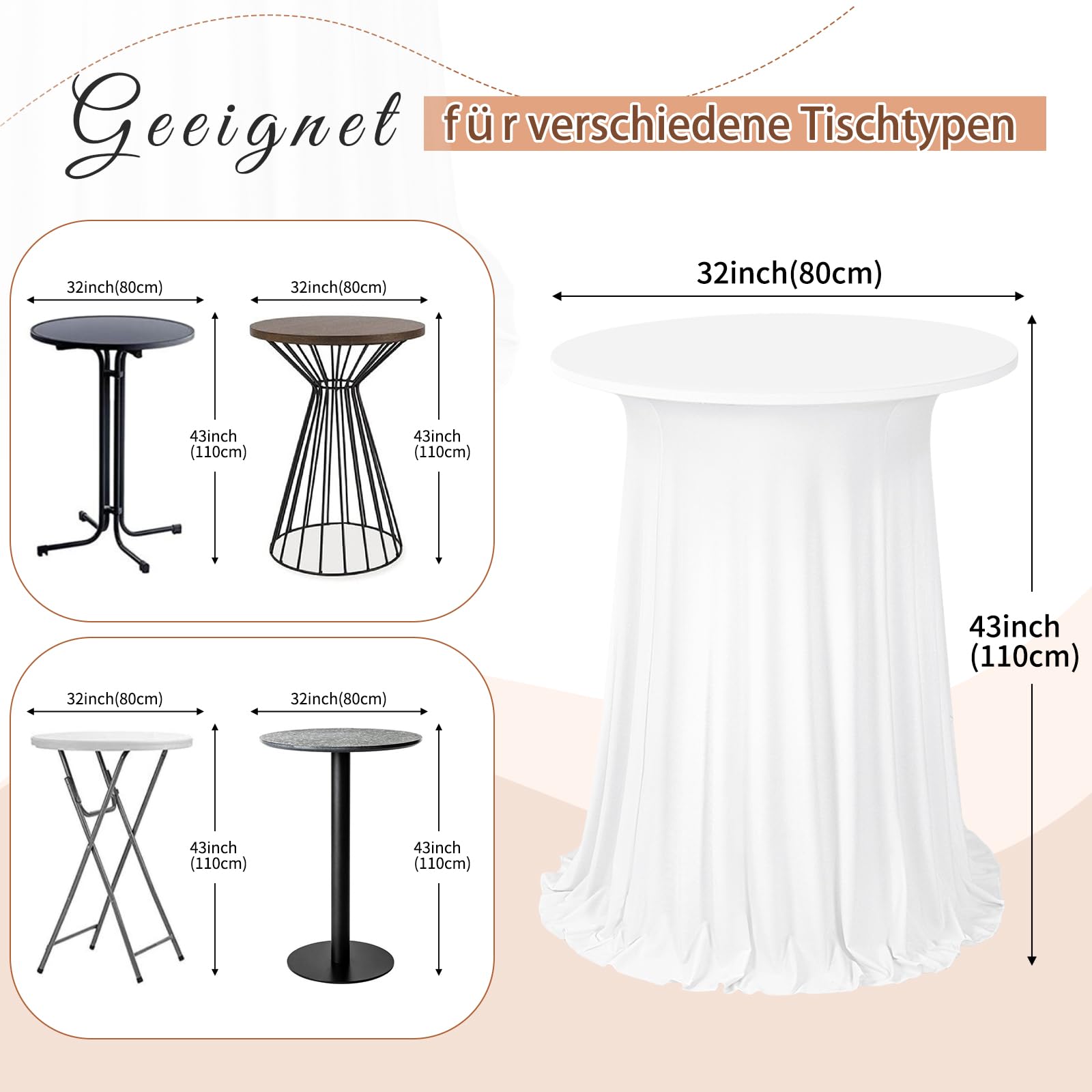 4er-Set Weiß Stehtisch Hussen Stretch mit Rock, 80 x 110 cm,schmutzabweisend, knitterfrei, waschbar, runder Stretch-Cocktail-Tischrock aus Polyester für Hochzeiten, Partys,Restaurants,Bankette