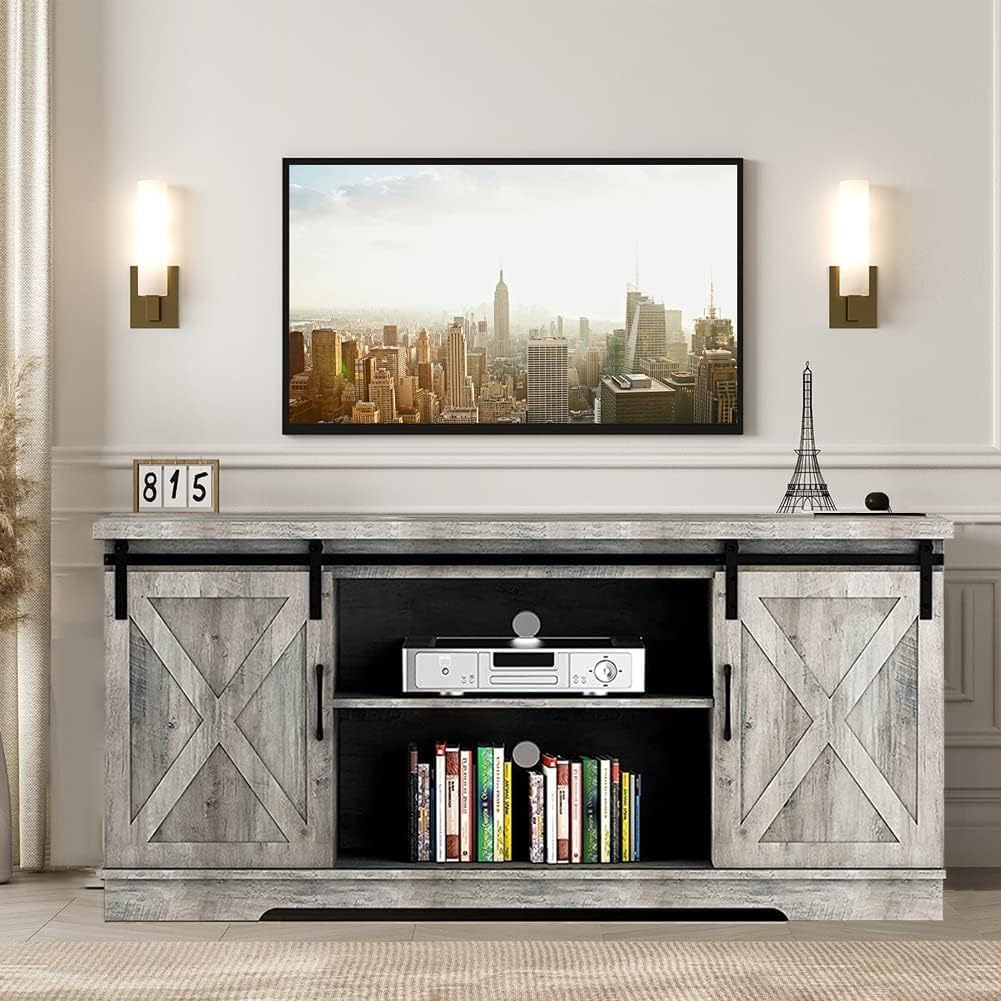 IDEALHOUSE TV Stand Farmhouse Entertainment Center for 65 Inch TV & Media Furniture, Rustic TV Stands with Storage and Barn Doors TV Console Table Under TV Cabinet for Living Room (Rustic Grey)