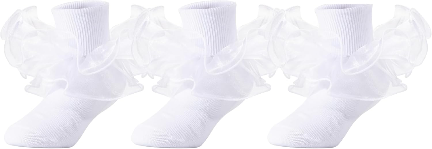 Dicry Girls Double Lace Socks Turn Cuff Big Ruffle for Infant Toddler and Kids