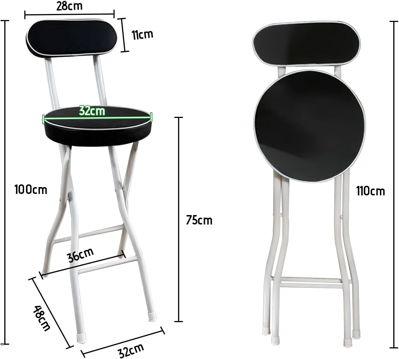 Portable Folding Stool with Back & Footrest, 100kg Capacity, Indoor/Outdoor Bar Chair, Ideal for Dining, Game Room, Office & Parties - Black & White, 75cm Height