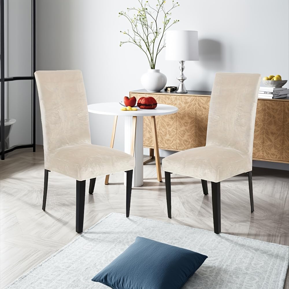Soft Thick Cream Solid Velvet Dining Chair Covers Parson Stretch Chair Slipcover for Dining Room Washable Set of 4 Chair Protectors Covers (Cream, Set of 4)